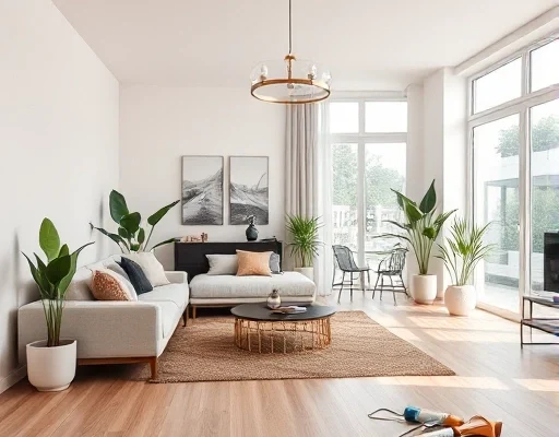 A bright modern apartment living room after renovation, featuring freshly painted light walls, new laminate wood flooring, stylish contemporary furniture, a comfortable sofa with decorative pillows, large windows with natural daylight, potted green plants, elegant pendant lighting, and a neatly arranged corner with renovation tools and paint rollers suggesting ongoing home improvement