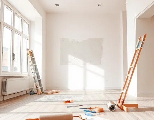 a modern apartment interior under renovation, professional tools on the floor like a paint roller, brushes, and a level, partially painted walls in neutral tones, natural sunlight coming through a large window, high quality architectural photography style