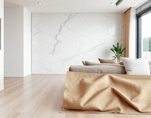 A modern apartment interior design showing a variety of high-quality renovation materials including light wood flooring, marble wall tiles, and fabric swatches neatly arranged on a clean surface, soft natural lighting, professional interior photography