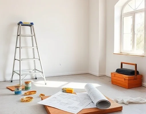 A bright empty apartment room at the start of renovation: bare primed walls, exposed concrete floor, a step ladder, cans of paint, a roller and brush, a measuring tape, folded blueprints on a wooden plank, a toolbox, protective dust sheets, and a window letting in soft natural daylight, clean and organized composition