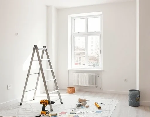 A bright spacious apartment room in the middle of renovation, freshly painted light walls, a step ladder, paint rollers and a drill resting on a protective drop cloth, color swatch cards spread on the floor, large window with natural daylight streaming in, clean modern interior showing renovation potential, photorealistic, high detail