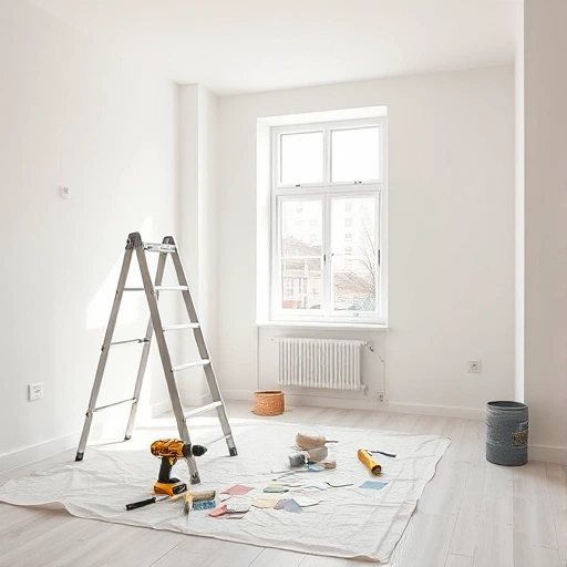 A bright spacious apartment room in the middle of renovation, freshly painted light walls, a step ladder, paint rollers and a drill resting on a protective drop cloth, color swatch cards spread on the floor, large window with natural daylight streaming in, clean modern interior showing renovation potential, photorealistic, high detail