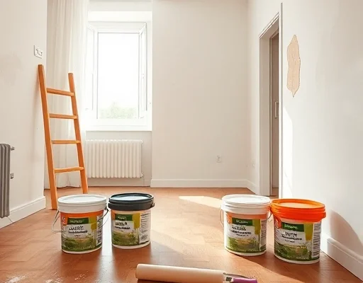 a modern apartment interior undergoing renovation, budget-friendly tools like buckets of paint and a roller on a wooden floor, partially painted walls in light tones, natural sunlight coming from a window, high quality photography