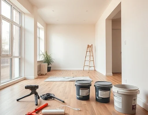 a modern apartment interior renovation in progress, professional tools on a wooden floor, partially painted walls in neutral tones, a paint roller and paint buckets, natural sunlight coming through large windows, professional photography style