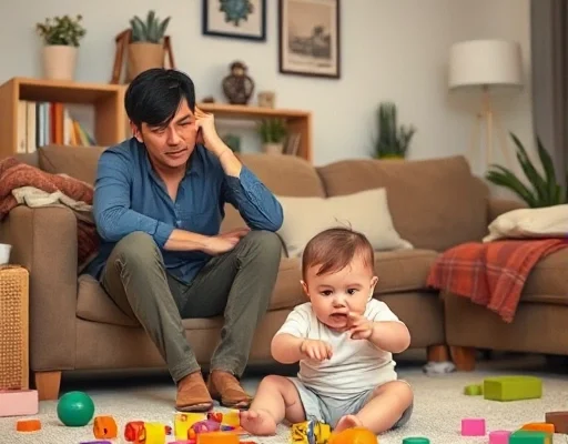 A stressed parent sitting in a messy living room while a small toddler throws toys on the floor, representing the challenges of early childhood parenting, soft lighting, high quality, expressive facial expressions