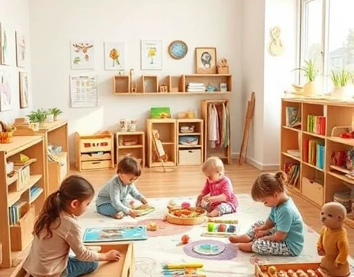 A cozy and bright preschool environment where diverse children are engaged in educational activities like wooden toys, colorful books, and creative drawing, soft natural lighting, warm atmosphere, emphasizing early development and playful learning
